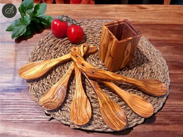 Wooden Utensils Set, Olive Wood Spoon Holder with 6 spoons 20 cm