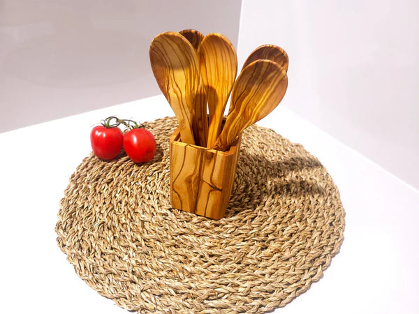 Wooden Utensils Set, Olive Wood Spoon Holder with 6 spoons 20 cm